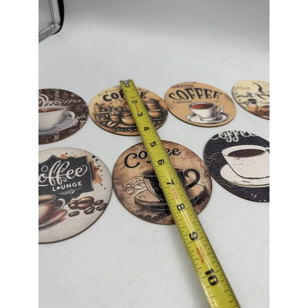 Set Of 8 Wooden Painted Coffee Themed Coasters NEW Natural Wood